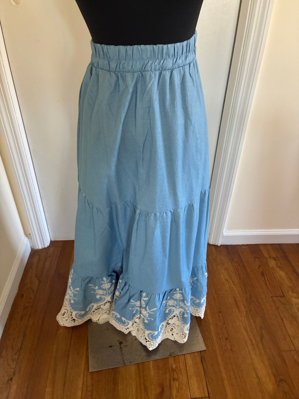 Light Blue Embroidered Tiered Maxi Skirt NWOT